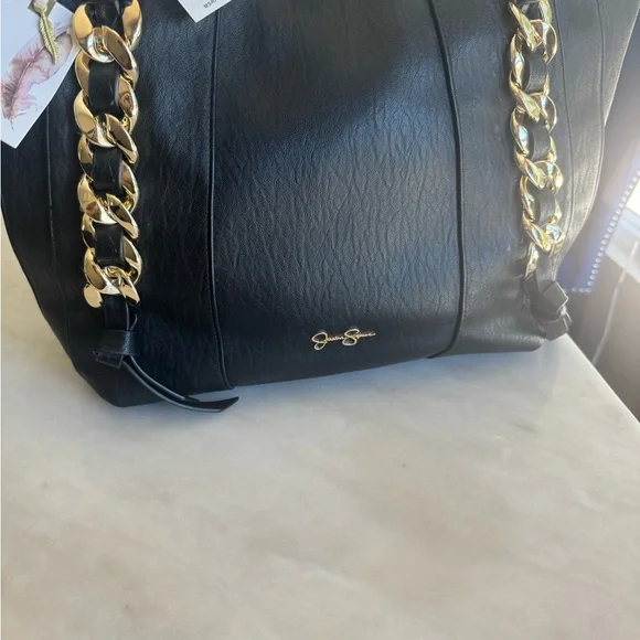 Black faux Leather Tote Bag with Gold Chain by Jessica Simpson - Picture 5 of 9